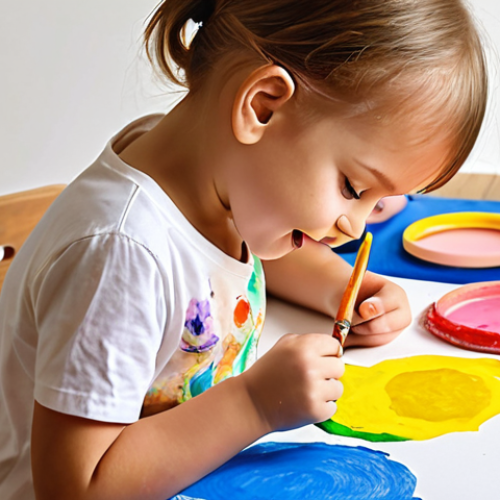 Home 4 A child painting with bright colors, expressing joy and creativity. Focus on the child's imagination coming to life on paper with various art supplies around.