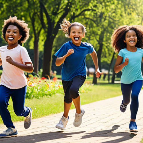 Home 22 **A group of diverse children happily running and playing various sports in a sunny park. Emphasize their joyful expressions and energetic movements, with healthy snacks like fruits visible in the background. Include elements of nature like trees and flowers.**