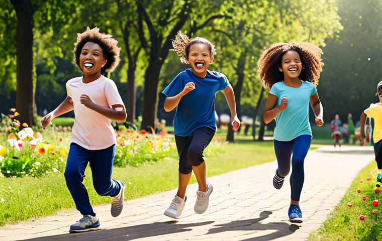 **A group of diverse children happily running and playing various sports in a sunny park. Emphasize their joyful expressions and energetic movements, with healthy snacks like fruits visible in the background. Include elements of nature like trees and flowers.**