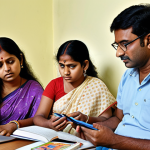 A group of Bengali parents, some appearing more experienced or 'senior', observing their child engaged in a modern, tech-driven learning environment, such as an online class on a tablet or laptop. Surrounding them are subtle hints of both traditional learning (e.g., books, notebooks) and contemporary digital tools. The image should convey the complexity of the rapidly changing educational landscape and the parents' thoughtful, yet sometimes perplexed, role in navigating this digital transformation for their children's future. The atmosphere should blend concern with a desire for understanding and adaptation.