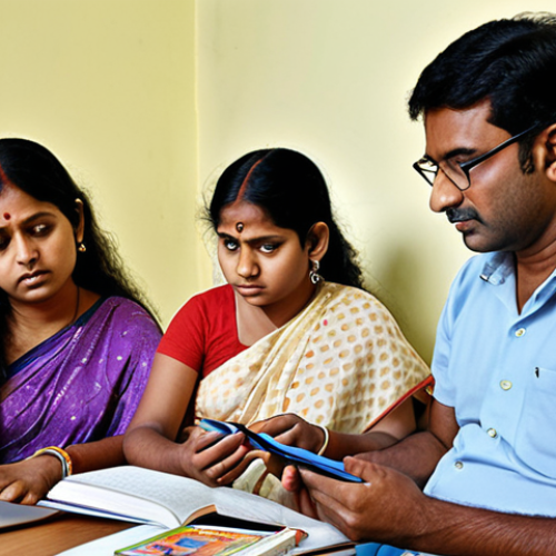 Home 21 A group of Bengali parents, some appearing more experienced or 'senior', observing their child engaged in a modern, tech-driven learning environment, such as an online class on a tablet or laptop. Surrounding them are subtle hints of both traditional learning (e.g., books, notebooks) and contemporary digital tools. The image should convey the complexity of the rapidly changing educational landscape and the parents' thoughtful, yet sometimes perplexed, role in navigating this digital transformation for their children's future. The atmosphere should blend concern with a desire for understanding and adaptation.