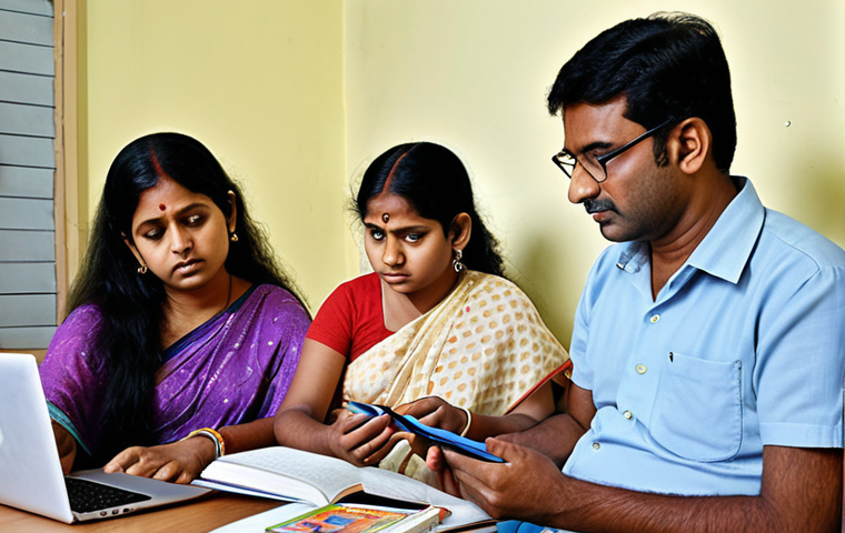 A group of Bengali parents, some appearing more experienced or 'senior', observing their child engaged in a modern, tech-driven learning environment, such as an online class on a tablet or laptop. Surrounding them are subtle hints of both traditional learning (e.g., books, notebooks) and contemporary digital tools. The image should convey the complexity of the rapidly changing educational landscape and the parents' thoughtful, yet sometimes perplexed, role in navigating this digital transformation for their children's future. The atmosphere should blend concern with a desire for understanding and adaptation.