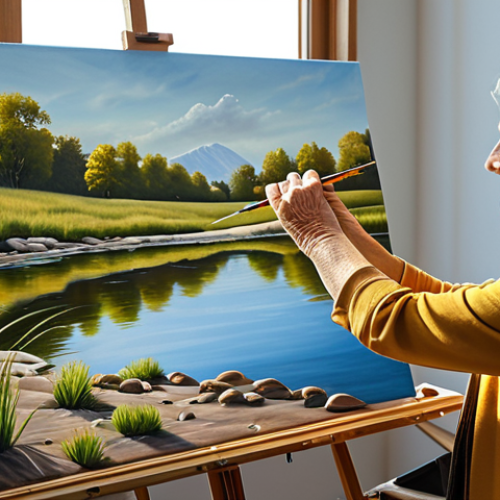 Home 20 **
"A senior artist, fully clothed in modest attire, paints a serene landscape scene with soft colors on a canvas in a sunlit studio. Perfect anatomy, well-formed hands, natural pose, appropriate content, safe for work, professional, high quality."
**