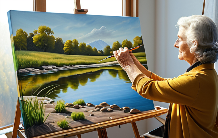 **

"A senior artist, fully clothed in modest attire, paints a serene landscape scene with soft colors on a canvas in a sunlit studio. Perfect anatomy, well-formed hands, natural pose, appropriate content, safe for work, professional, high quality."

**