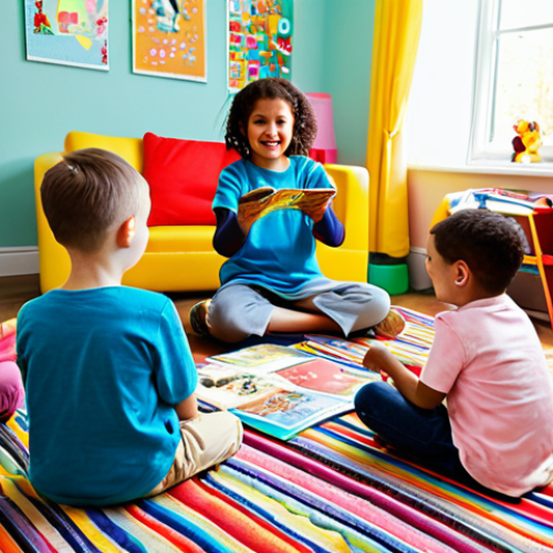 Home 9 **
A group of fully clothed children engaged in a storytelling game, sitting in a circle on a colorful rug in a bright, cheerful playroom. One child is holding up a picture cut from a magazine. The scene should evoke imagination and creativity. Safe for work, appropriate content, modest clothing, family-friendly, perfect anatomy, natural poses, professional illustration, high quality.
**
