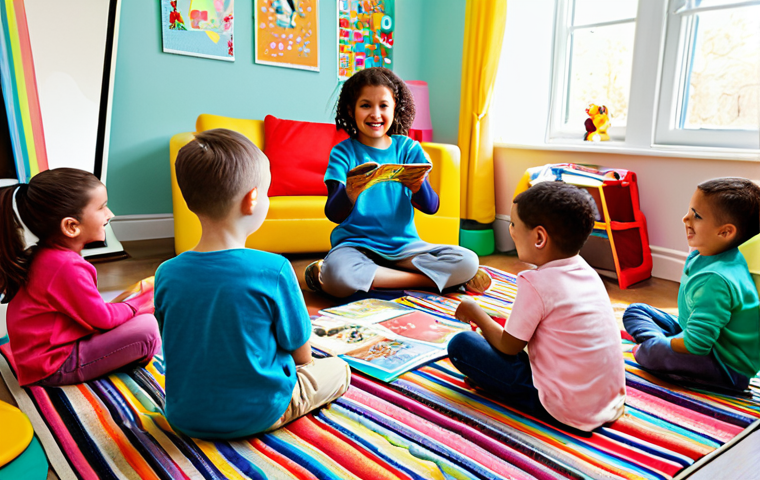 **

A group of fully clothed children engaged in a storytelling game, sitting in a circle on a colorful rug in a bright, cheerful playroom. One child is holding up a picture cut from a magazine. The scene should evoke imagination and creativity. Safe for work, appropriate content, modest clothing, family-friendly, perfect anatomy, natural poses, professional illustration, high quality.

**