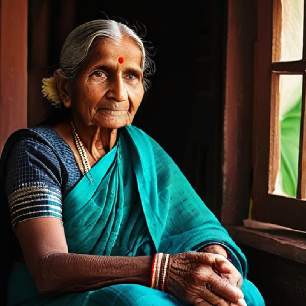 노인 의사소통 기술 - Unspoken Understanding**
"A heartwarming, softly lit portrait of an elderly Bengali woman, her f...