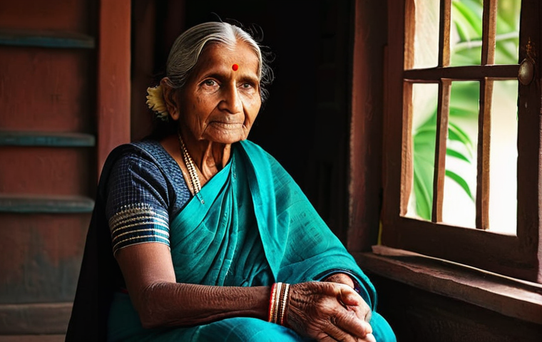 노인 의사소통 기술 - Unspoken Understanding**
"A heartwarming, softly lit portrait of an elderly Bengali woman, her f...