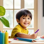 아이들이 배우는 미술 - **Prompt 1: Whimsical Childhood Creation**
A vibrant, medium shot of a diverse 6-year-old child,...