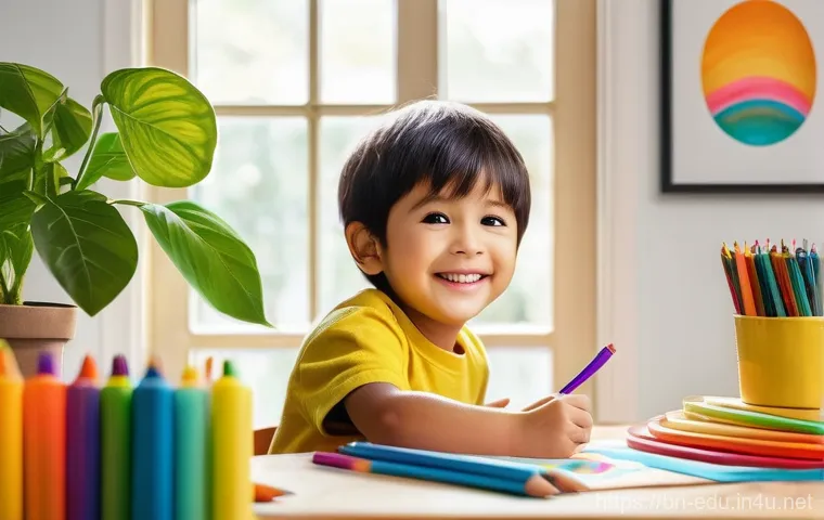 아이들이 배우는 미술 - **Prompt 1: Whimsical Childhood Creation**
A vibrant, medium shot of a diverse 6-year-old child,...