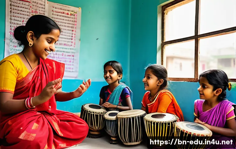 어린이 음악 수업 - A vibrant classroom scene in Bangladesh featuring young Bengali children aged 4 to 6, wearing colorf...
