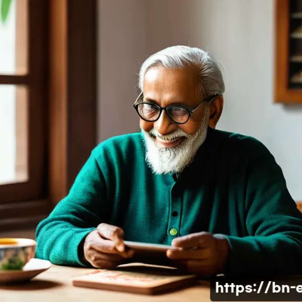 시니어 이성적 논리 훈련 - A cozy indoor scene featuring an elderly Bengali man sitting at a wooden table near a large window w...