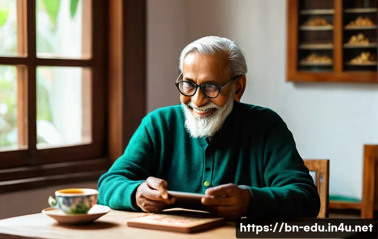 시니어 이성적 논리 훈련 - A cozy indoor scene featuring an elderly Bengali man sitting at a wooden table near a large window w...