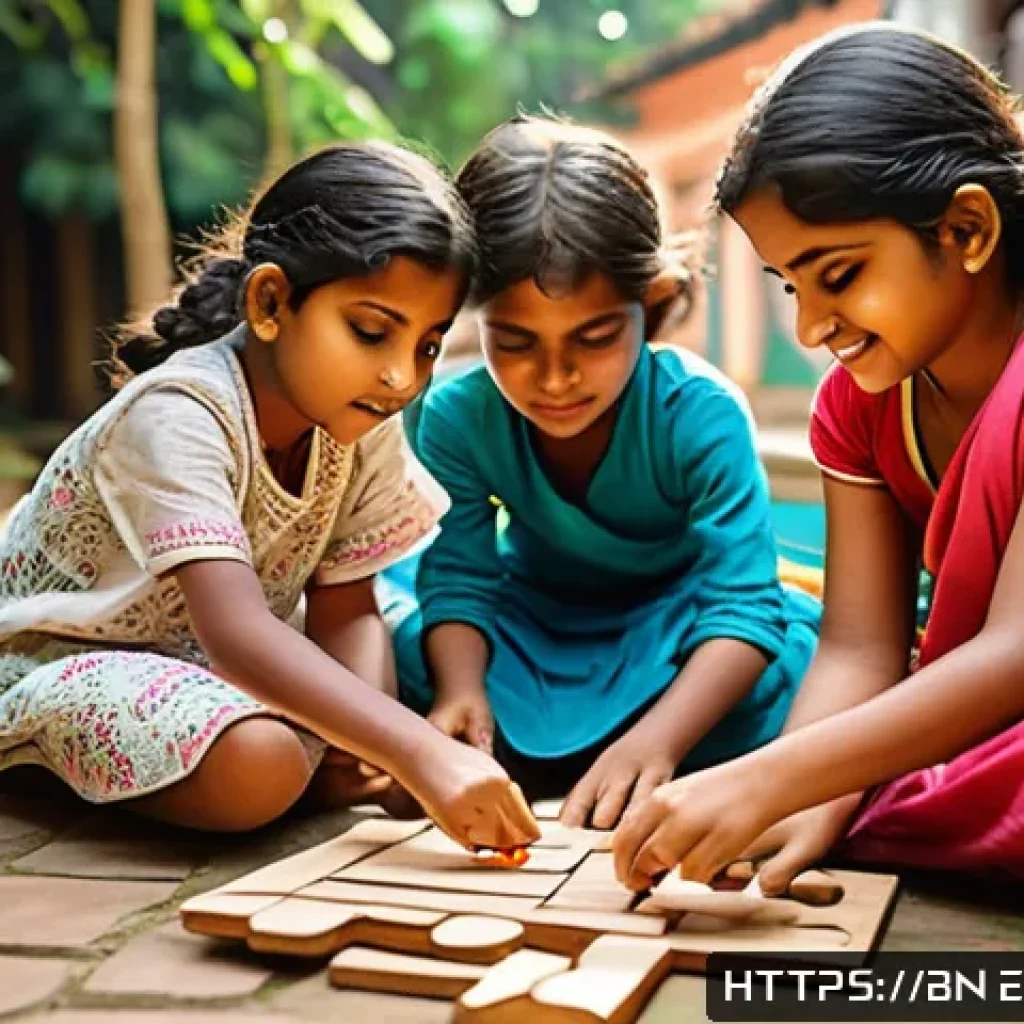 어린이 놀이 교육 - A vibrant and heartwarming scene of Bengali children engaging in creative play in a traditional cour...