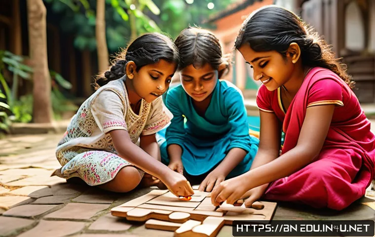 어린이 놀이 교육 - A vibrant and heartwarming scene of Bengali children engaging in creative play in a traditional cour...