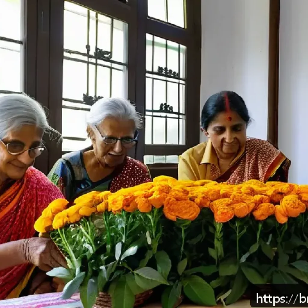 시니어 꽃꽂이 수업 - A serene and colorful flower arranging class for Bengali senior citizens in a bright community cente...