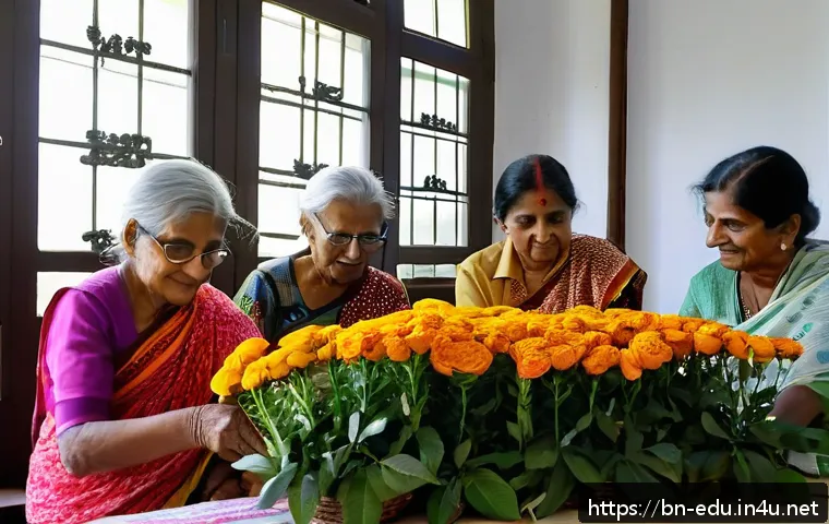 시니어 꽃꽂이 수업 - A serene and colorful flower arranging class for Bengali senior citizens in a bright community cente...