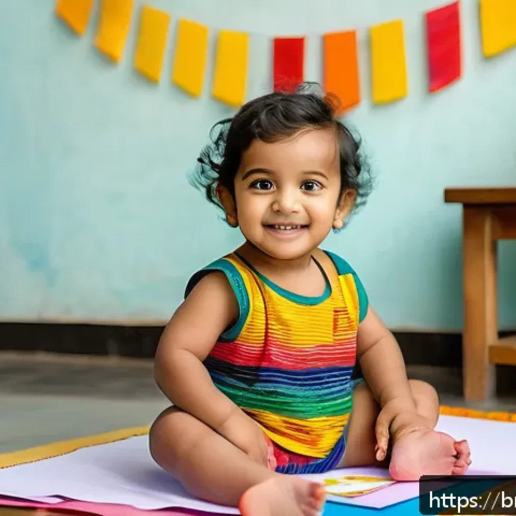 아이 공예 교육 - A cheerful Bengali toddler wearing a colorful diaper, sitting at a low table in a bright, tidy room ...