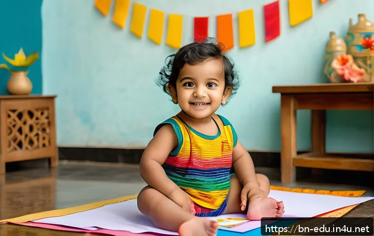 아이 공예 교육 - A cheerful Bengali toddler wearing a colorful diaper, sitting at a low table in a bright, tidy room ...