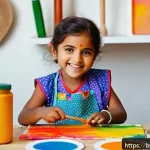아동 창작 미술 - A cheerful young child wearing colorful clothing and a paint-stained apron, happily mixing red and y...