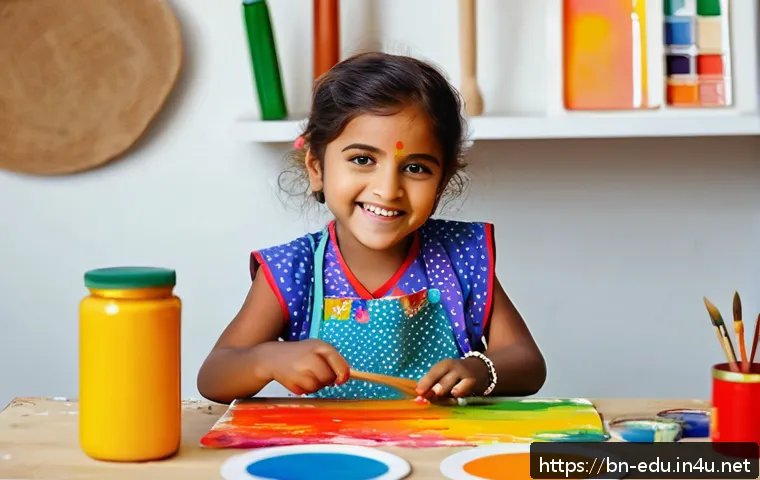 아동 창작 미술 - A cheerful young child wearing colorful clothing and a paint-stained apron, happily mixing red and y...
