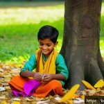 아이와 함께하는 공예 - A joyful Bengali child wearing a colorful traditional kurta and pants, sitting outdoors in a lush gr...