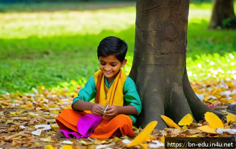 아이와 함께하는 공예 - A joyful Bengali child wearing a colorful traditional kurta and pants, sitting outdoors in a lush gr...