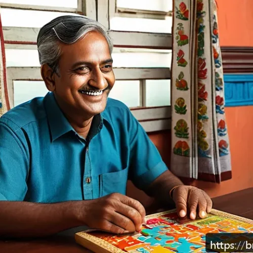 시니어 정신 훈련 - A vibrant scene showing a Bengali middle-aged man engaged in mental exercises at home: he is sitting...