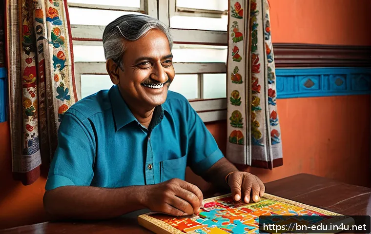시니어 정신 훈련 - A vibrant scene showing a Bengali middle-aged man engaged in mental exercises at home: he is sitting...