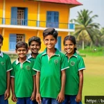 어린이 리더십 캠프 - A vibrant scene of Bengali children participating in a group sports activity outdoors, wearing color...