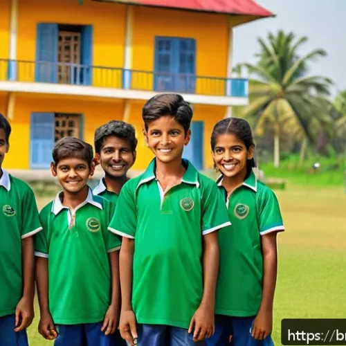 어린이 리더십 캠프 - A vibrant scene of Bengali children participating in a group sports activity outdoors, wearing color...