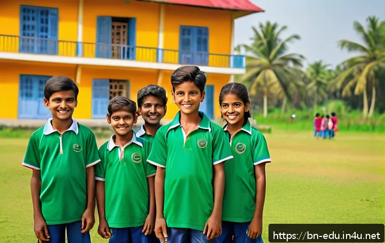 어린이 리더십 캠프 - A vibrant scene of Bengali children participating in a group sports activity outdoors, wearing color...