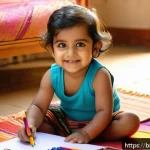 아이의 문제 해결 능력 - A tender scene of a Bengali toddler wearing a colorful diaper, sitting on a traditional handwoven ru...