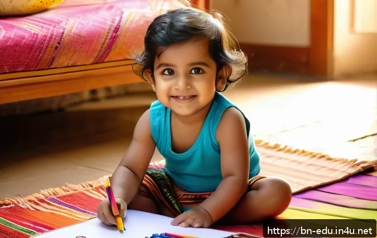 아이의 문제 해결 능력 - A tender scene of a Bengali toddler wearing a colorful diaper, sitting on a traditional handwoven ru...