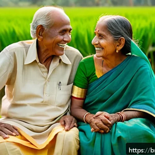 시니어 이야기 만들기 - A serene scene depicting an elderly Bengali couple sitting together on a traditional wooden charpoy ...