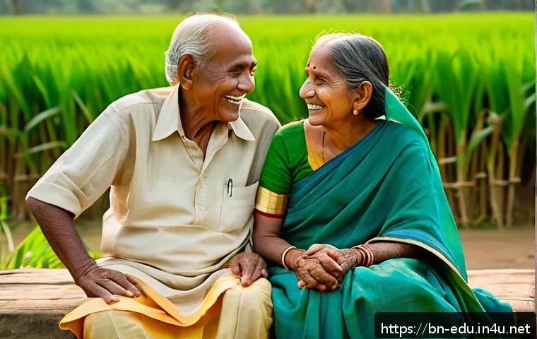 시니어 이야기 만들기 - A serene scene depicting an elderly Bengali couple sitting together on a traditional wooden charpoy ...