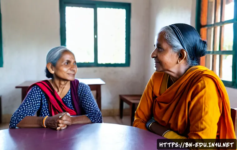 시니어 생활 리더십 - Photorealistic lifestyle scene of a confident Bengali senior woman leading a small community discuss...