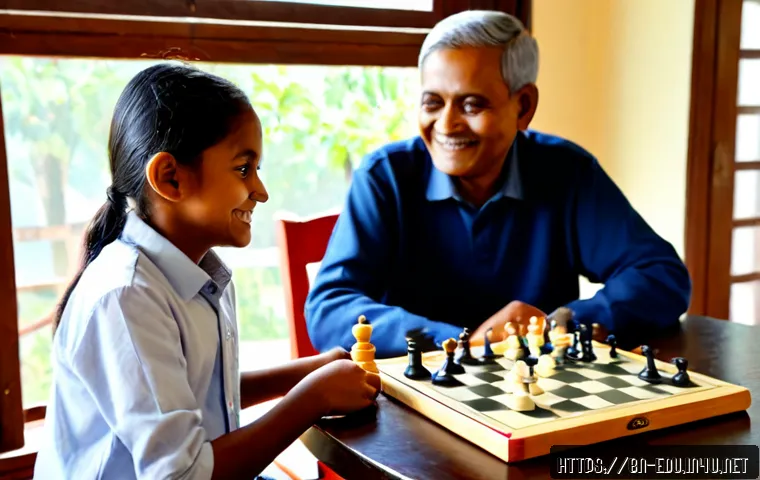 Home 17 어린이 장기 게임 - Photorealistic family scene in a bright Bengali home, two school-age children and a smiling grandpar...