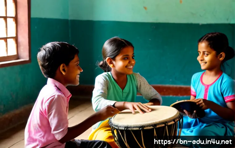 어린이 창작 음악 - Photorealistic young Bengali children creating original music together in a bright community classro...